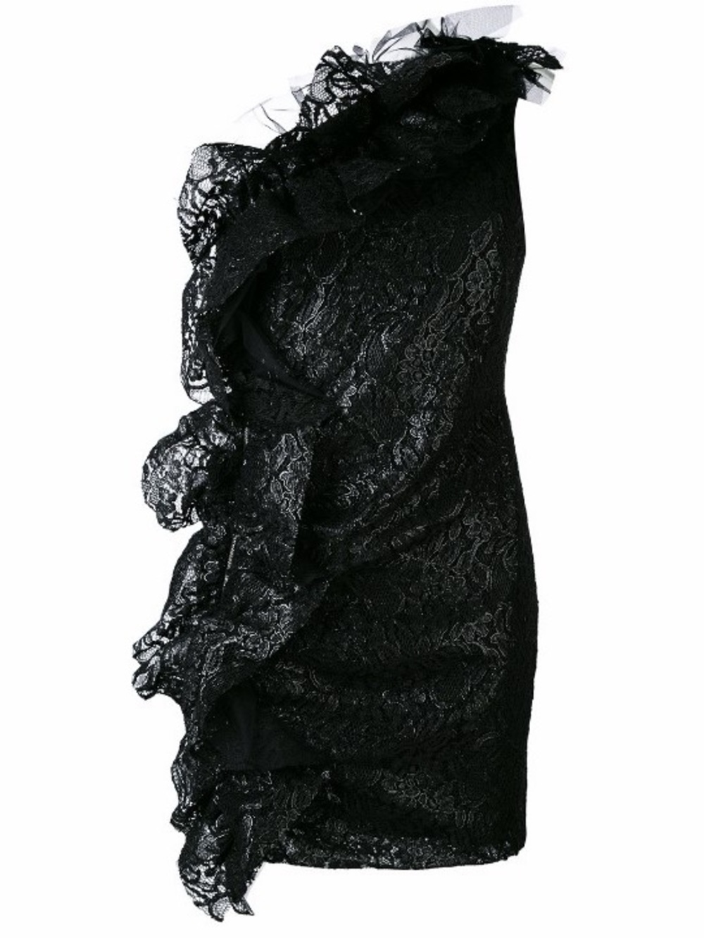 MSGM Black One-Shoulder Lace Ruffle Dress